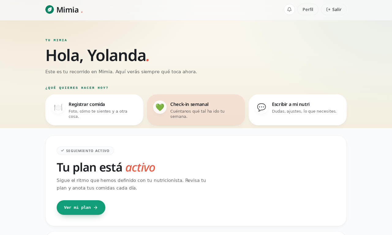 Vista previa del área privada de Mimia: próxima consulta, plan y seguimiento.