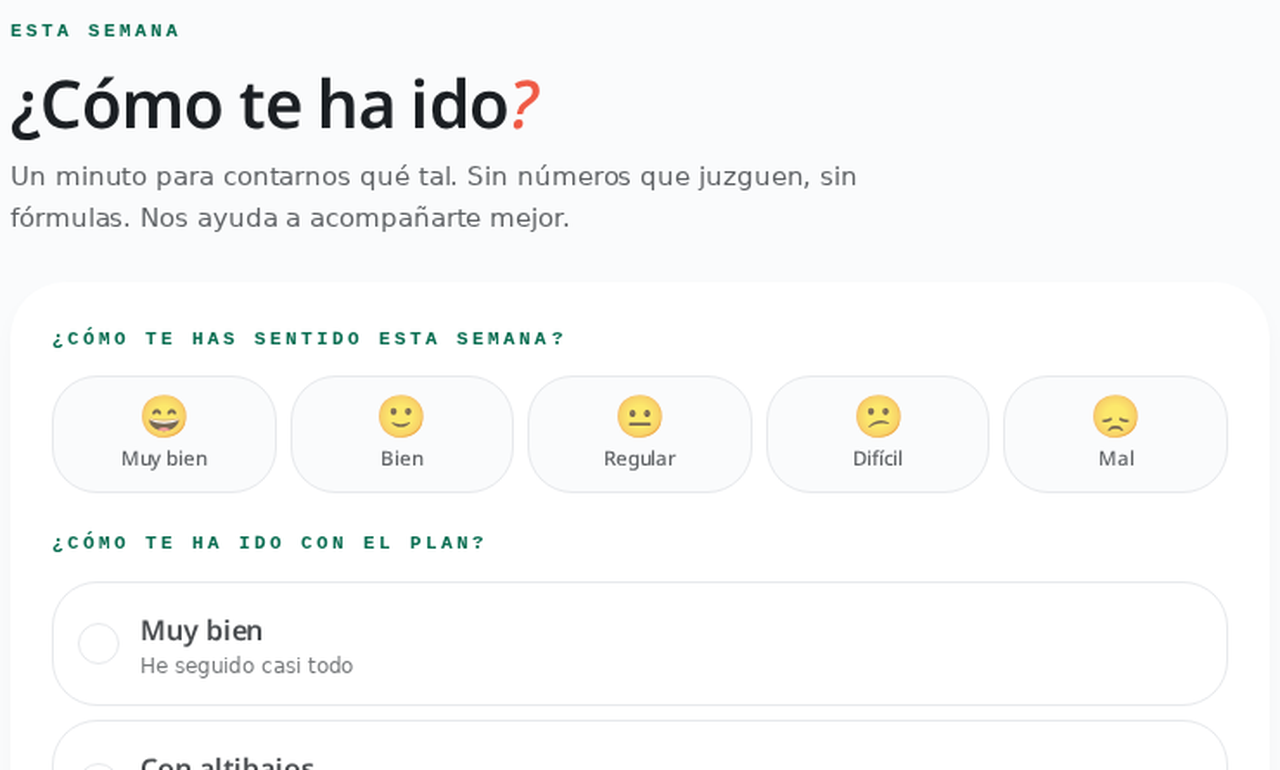 Vista previa del check-in semanal del área privada de Mimia.