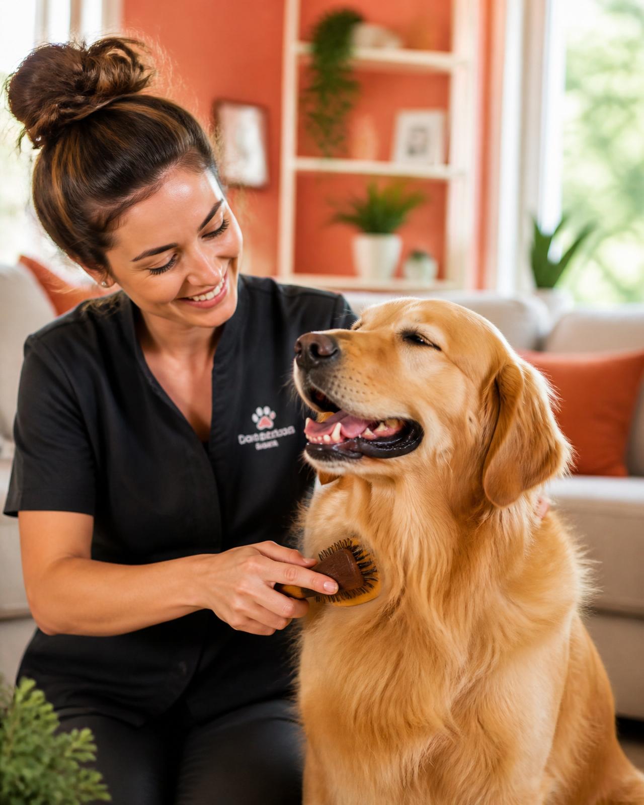 Peluquera profesional cuidando un perro en casa